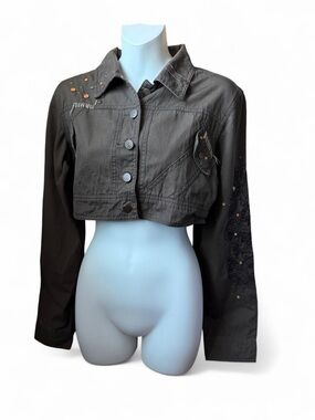 Embellished Cropped Jean Jacket - Olive Green